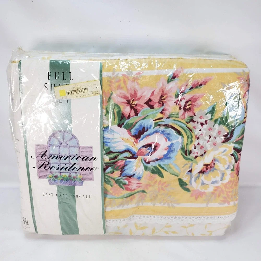 American Residence Charlotte Full Sheet Set Yellow Floral Vintage Percale NEW